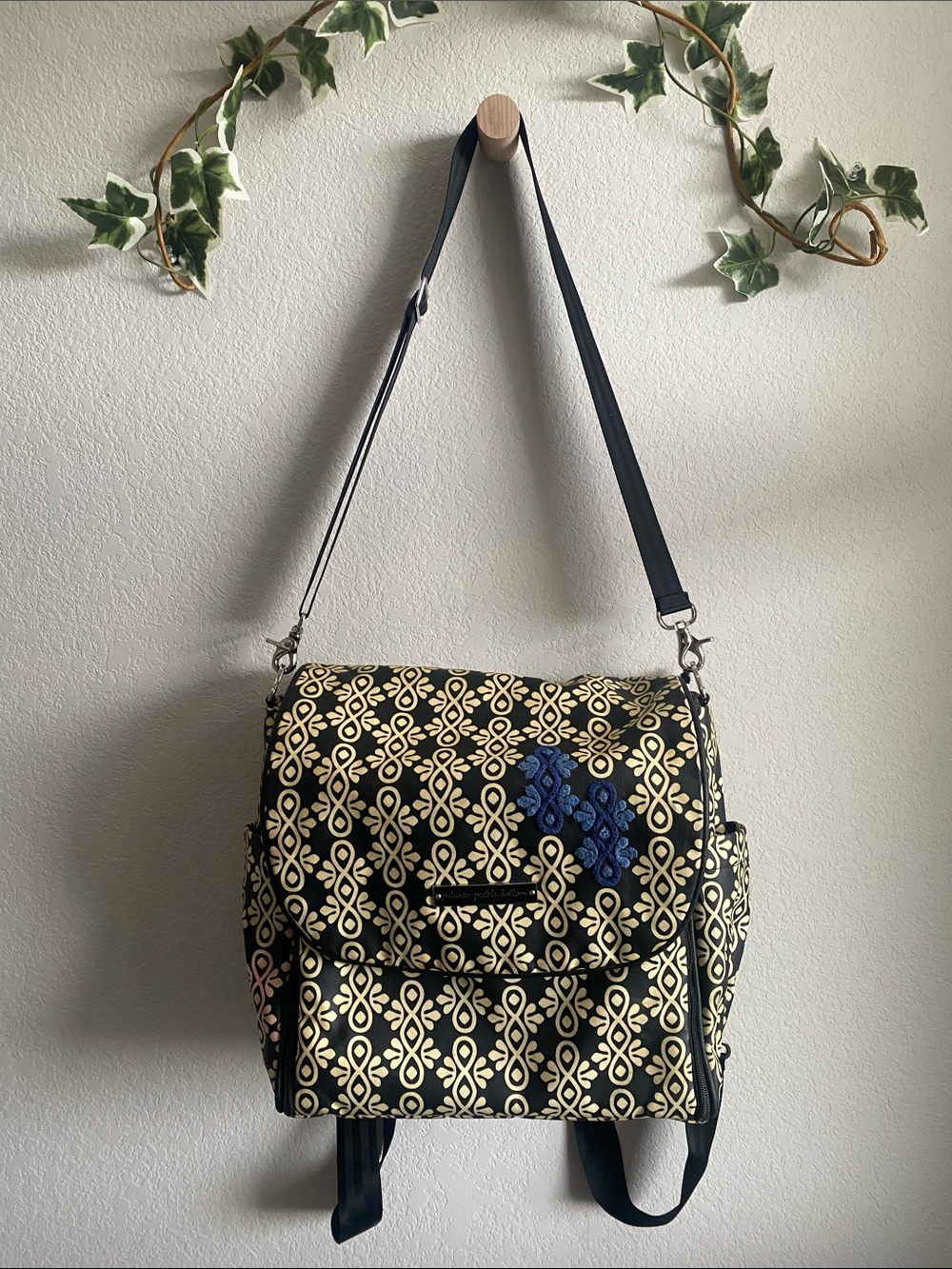 Black and Cream Patterned baby gear bag,Petunia Pickle Bottom brand.